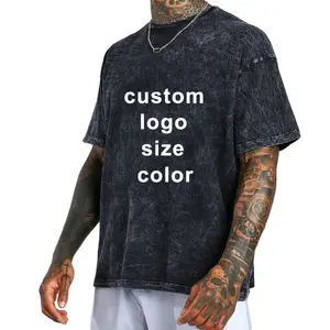 T-Shirt personalizzata da uomo in tinta unita maglietta nera Streetwear in cotone Oversize maglietta lavata con acido Vintage