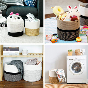 Cotton Rope Woven Storage Basket With Black Base For Plants And Home Organization - Product Image 2
