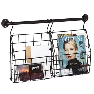 Wall Mounted Hanger Bar & 4 S-Hooks Set of 2 Metal Wire Hanging Mail Magazine Holder File Organizer