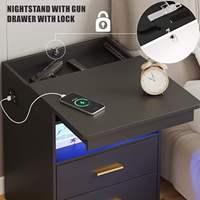 Table de chevet moderne et contemporaine avec 2 tiroirs, port de charge USB Type-C, lumière LED à capteur humain, bois de pin, chambre à coucher, maison