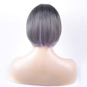 Perruque complète pour <span class=keywords><strong>femme</strong></span>, <span class=keywords><strong>coupe</strong></span> bob courte et droite, en fibre haute température, gris grand-mère, style européen et américain, avec <span class=keywords><strong>frange</strong></span> - Product Image 5