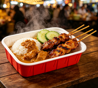 Boîte Bento Carrée Ondulée Rouge et Blanche en PP Jetable, Contenant à Emporter de Shandong, Épaisseur 1-3mm, pour Repas de Riz, Viande et Légumes