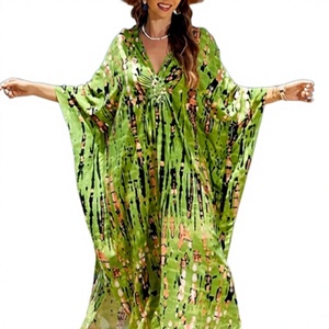 Green Printed Maxi Dress V-Neck Batwing Sleeve Loose Boho <b>Summer</b> Casual <b>Kaftan</b> Dress - Product Image 1