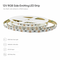 Bande LED latérale WISMART 12V SMD335 020 RGB, 60 LED/m, rouleau de 5 m, IP20, flexible, éclairage latéral pour décoration intérieure