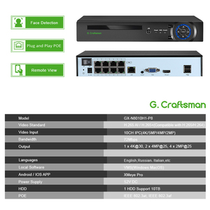 GX-N8010H1-P8(AG) 4K 8MP 8 canaux POE reconnaissance faciale recherche de visage intelligente lecture caméra IP NVR détection de ligne croisée XMEYE - Product Image 2