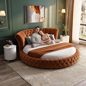 Cama Redonda Dupla Estofada em Veludo Personalizada, Estrutura de Madeira Sólida, Marrom Caramelo, para Quarto e Hotel - Product Image 6