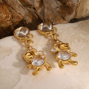 Drop Earrings Gold Plated Bear Charm Heart White Stone Bezel Setting <b>Gift</b> Jewelry - Product Image 3