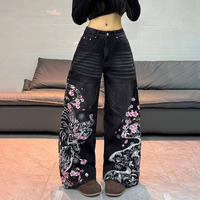 Pantalon en jean européen à jambe large imprimé Tigre Blanc Fleur de Cerisier, noir et gris, taille haute, coupe ample, longueur ras du sol, coupe droite