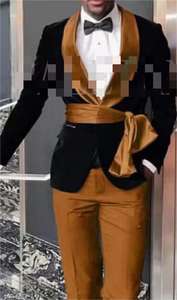 Trajes formales de terciopelo negro ajustados para hombre con cinturón chal solapa traje Homme boda esmoquin <span class=keywords><strong>Terno</strong></span> Masculino Blazeruit - Product Image 2