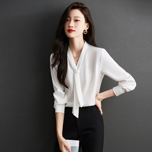 Women's White V-Neck Shirt With Ribbon Solid Color Chiffon Office Blouse Long Sleeve Fashion Top - Product Image 1