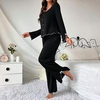 Ensemble de pyjama pour femme gris foncé avec bordure blanche, hauts à manches longues boutonnés et pantalon, vêtements de détente décontractés, 2 pièces