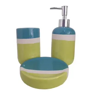 आधुनिक चीनी मिट्टी बाथरूम सामान सेट | नीले और हरे रंग बाथरूम सजावट के साथ शैम्पू औषधि/साबुन पकवान/गिलास सेट के 3