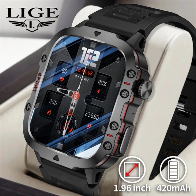 LIGE Outdoor Smart Watch Men1.96" Screen 3AT Waterproof Watches Bluetooth Call Ai Voice Sport Smartwatch for Android Xiaomi IOS