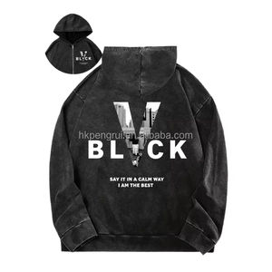 Custom Luxury Brand <b>Zip</b> Up <b>Hoodies</b> Wash Streetwear with Front <b>Pockets</b> DTG Print Embroidery Heavyweight Rhinestone Pullover - Product Image 1