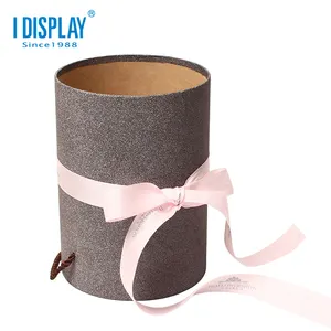 Caja de papel de cartón con forma de sombrero redondo de tubo cilíndrico de embalaje de regalo de lujo Rosa flor fresca grande personalizada con cinta para boda