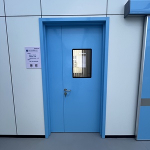 Porta <span class=keywords><strong>a</strong></span> Battente Manuale <span class=keywords><strong>a</strong></span> Doppia Anta Asimmetrica Nuova per Camera Bianca Ospedaliera, Moderna, con Pannello in Acciaio Isolato Acusticamente - Product Image 1