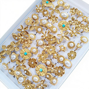 Matte Gold Floral Pearl Statement <b>Rings</b> For Women <b>Adjustable</b> Open Stainless Steel Oversized Petal Finger <b>Rings</b> European Vintage - Product Image 3