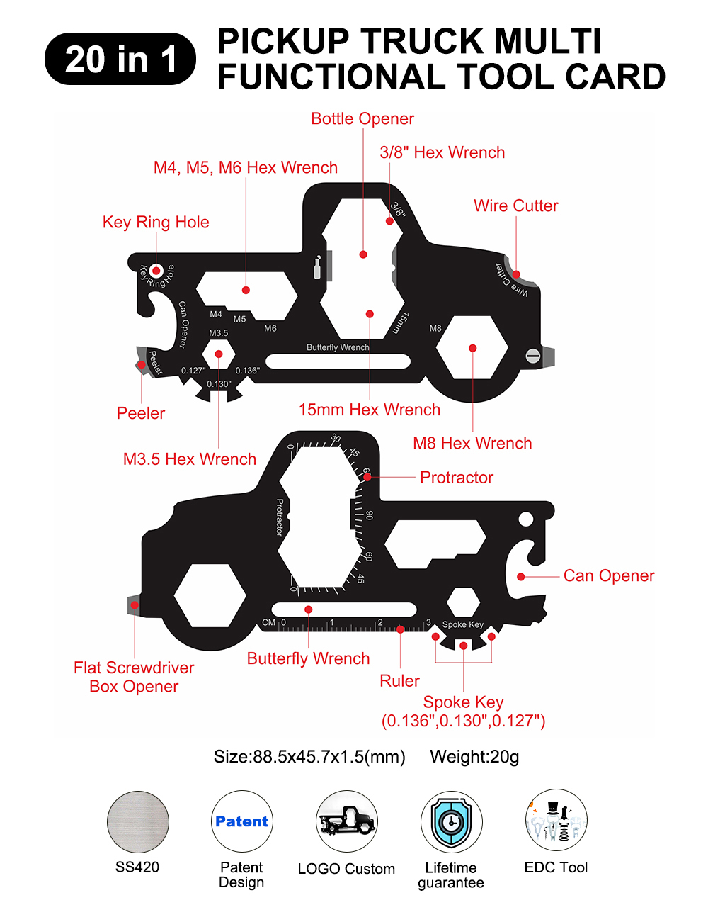 20-in-1 Pickup Truck Shape Card Tool ( Can Opener)