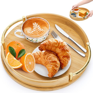 Bamboo <b>Tray</b> 12 Inch Round With Handles Serving <b>Tray</b> For Coffee <b>Tea</b> Breakfast - Product Image 1