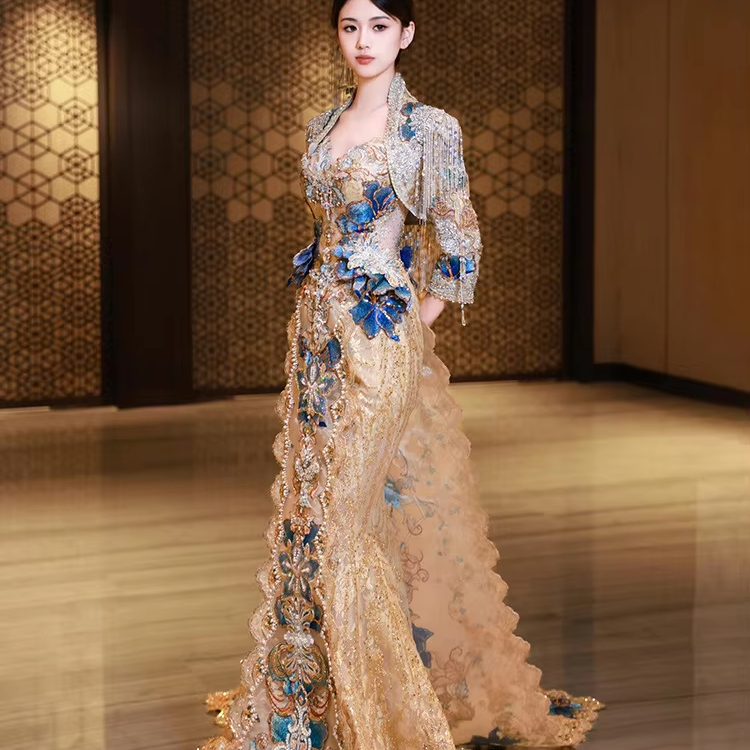 green emerald velvet dress Long-Sleeve Short Gold Sequin Party Dress 737 Gold / 00 main image 1