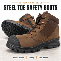 Bottes de sécurité personnalisées à embout d'acier en cuir nubuck marron, tissu Oxford, fermeture éclair latérale, semelle intermédiaire en acier anti-perforation, semelle PU TPU, vente en gros