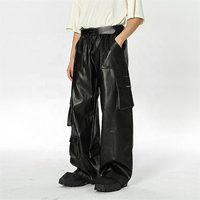 Pantalon cargo en similicuir noir, coupe large, style techwear, baggy, streetwear, unisexe, en similicuir, vente en gros OEM