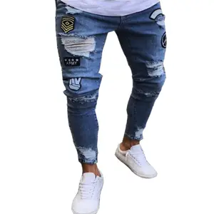 Özel konik streç sıkıntılı yırtık sıska hasar beyaz siyah denim erkekler kot pantolon pantolon erkekler için