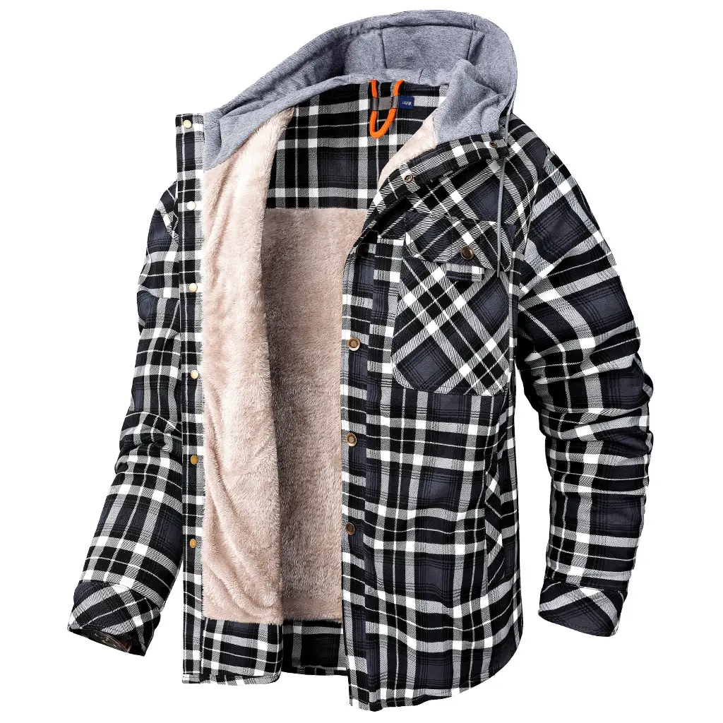 Wholesale Plaid Quilted Lined Winter Coats Thick Hoodie Outwear Men Fleece Shirts Outdoor Coat Jacket