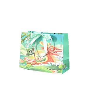 Sac cadeau du festival Duanwu avec motif de bateau-dragon, poignée en ruban, papier blanc, impression offset, sac cadeau artisanal fait main - Product Image 1
