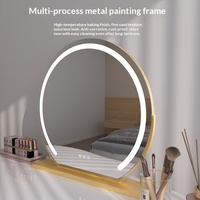 Miroir de maquillage intelligent de bureau avec cadre rond en métal doré LED, 1x grossissement, avec lumières LED à 3 couleurs réglables pour la chambre à coucher