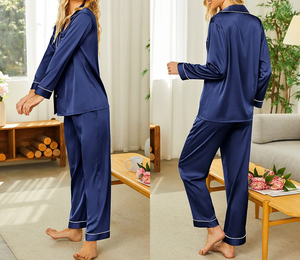 Femmes solide été 100% soie pyjamas ensembles en gros col boutonné chemises et pantalon Lang tricoté tissu vêtements de nuit - Product Image 2
