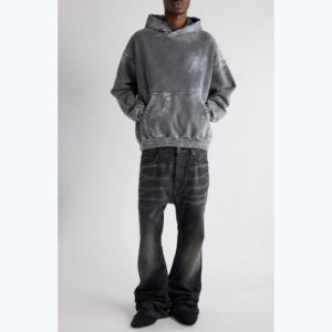 Sup sbiadito lavaggio nero oversize 100% cotone felpa con cappuccio da uomo con bordi angosciati - Product Image 5