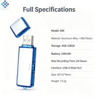 Enregistreur vocal X09, clé USB, enregistrement activé par la voix, 24 heures d'enregistrement, alliage d'aluminium ABS, 32 Go WAV avec cordon pour réunion