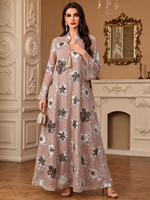 Abaya décontractée de luxe en polyester et mousseline, broderie florale à sequins, col montant, manches évasées, style Dubaï, Kaftan musulman, pour fête de l'Aïd, tenue modeste