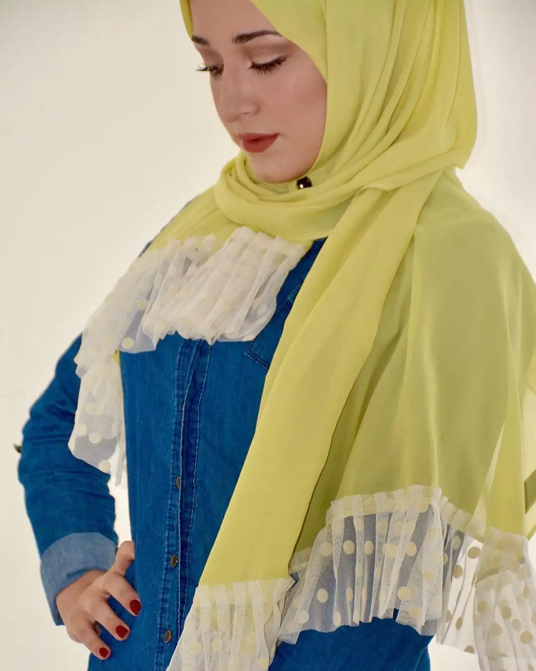 Wholesale chiffon hijab scarf with polka dot net lace Muslim women new fashion shawls