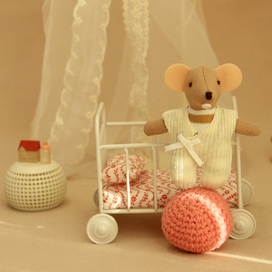 Miniature Vintage Metal Crib Dollhouse White Lace Canopy Wheels Floral <strong>Bedding</strong> Striped Nursery Decor Ornament Gift - Product Image 3