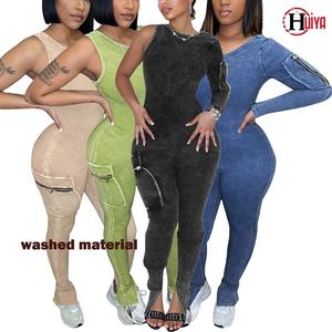 Haute qualité automne 2024 <span class=keywords><strong>femme</strong></span> Sexy combinaison femmes extensible coton body poche manches simples usé serré combishorts - Product Image 1