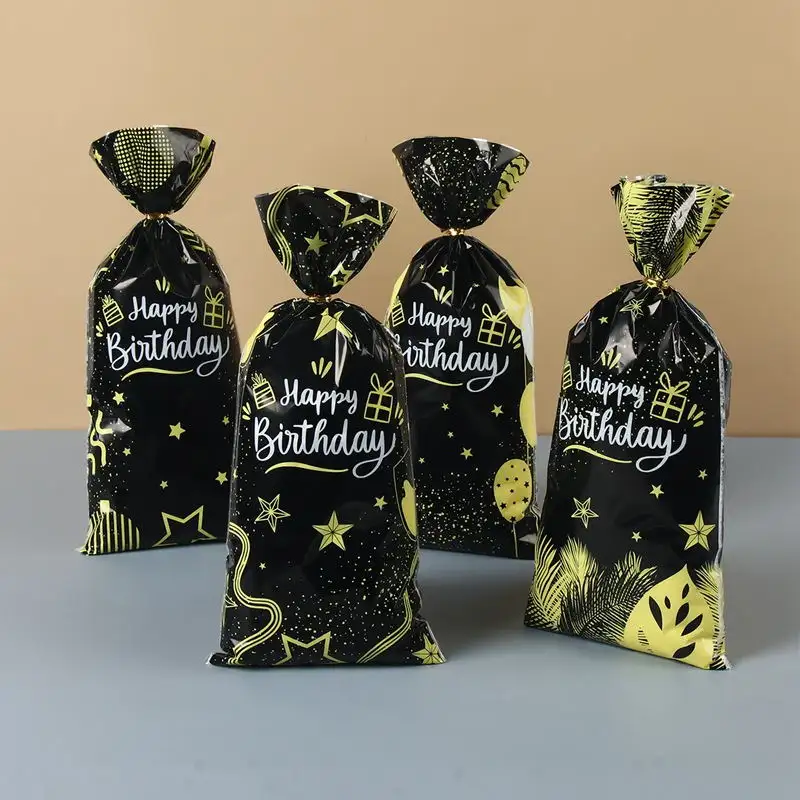 60PCSブラックゴールド誕生日ビニール袋プリントフラットOppバッグベーキングタイポケットスナックギフトキャンディーバッグ誕生日パーティーの装飾用