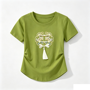 Nuova T-shirt in stile folklocolore cinese, semplice, a maniche corte, con scollo rotondo, motivo stampato, con frange, vestibilità ampia. - Product Image 2