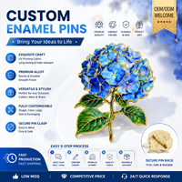 Badge en métal personnalisé en gros, OEM ODM, motif fleur d'hortensia bleue, finition émail