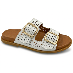 Sandales plates en cuir véritable blanc, bout ouvert, fermeture à boucle, chaussures d'été respirantes - Product Image 1
