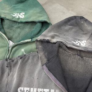 Sweat à capuche zippé oversize en coton 500 g/m² imprimé streetwear délavé à l'acide, style gaufré, personnalisé, épais, pour homme, décontracté - Product Image 2