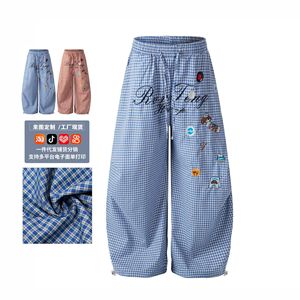 Pantalon large à carreaux bleus avec patchs, taille élastique, coupe décontractée, longueur cheville, style été pour femme - Product Image 2
