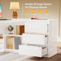 Bureau d'ordinateur blanc en forme de L avec 3 tiroirs, bureau de direction moderne d'angle pour la maison de 55 pouces avec 2 étagères de rangement