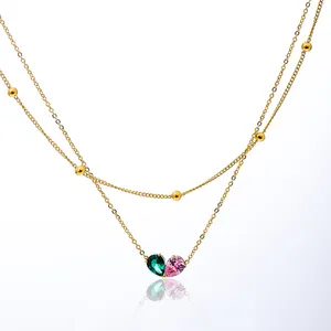 18K Gold Plated Waterproof Jewelry Stainless Steel Green Purple Zircon Heart Necklace For Wedding Party