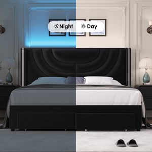 Кровать с полной обивкой, LED-подсветкой, регулируемая, с 2 ящиками для хранения, велюровое изголовье с бортиками, металлические ламели, без пружинного блока - Product Image 5