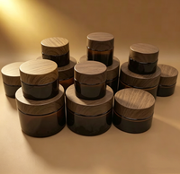 Pots et contenants cosmétiques en verre personnalisés, mats, givrés, noirs, 50g, 30g, 15g, 10g, 10ml, 20ml, 50ml, avec couvercles en bambou à grain de bois