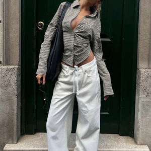 <b>Women's</b> Vintage Casual Back Tie Plaid Shirt-<b>Long</b> Sleeve Button <b>Blouse</b> Waist Detail Eco-Friendly Breathable Street Office Shirt - Product Image 4