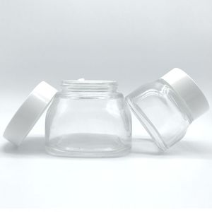 Frascos de mantequilla corporal para el cuidado de la piel de vidrio vacío 50g 150g Frasco de crema de vidrio cosmético de fondo cuadrado transparente con tapa blanca - Product Image 5