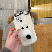 Étui en tissu de coton antichoc en peluche chien mignon 3D avec lunettes pour 17 16 15 14 13 12 11 Pro Max